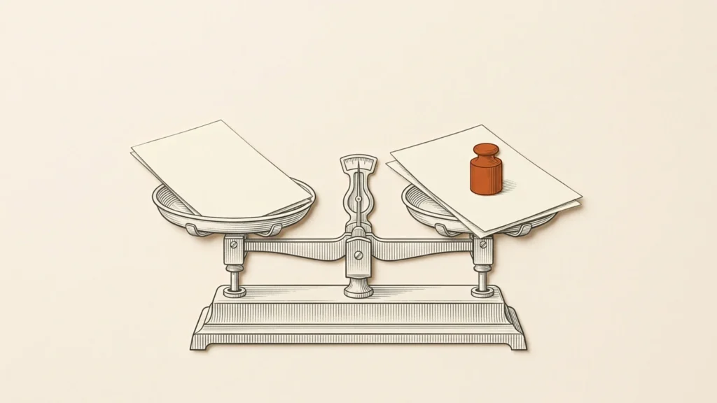 Editorial illustration of a balance comparing manuscript samples.