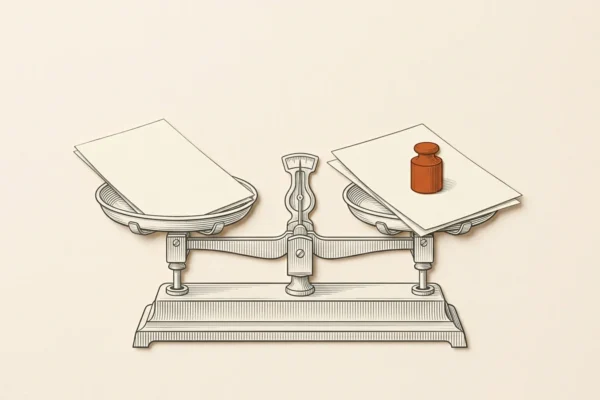 Editorial illustration of a balance comparing manuscript samples.