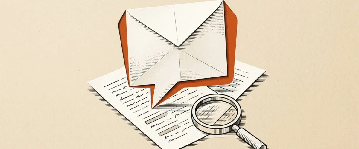 Editorial illustration of a paper speech bubble above a document and inspection lens.