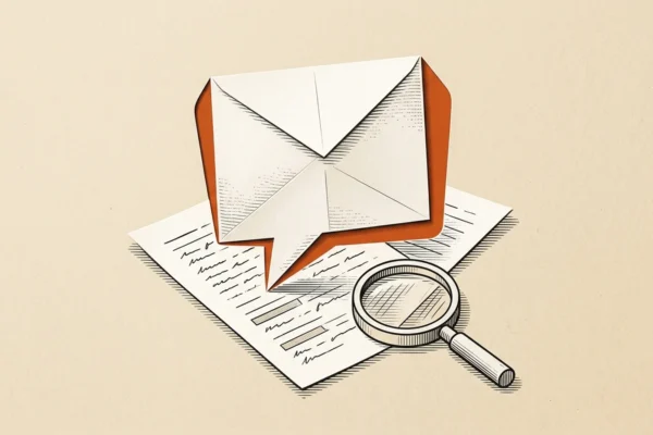 Editorial illustration of a paper speech bubble above a document and inspection lens.