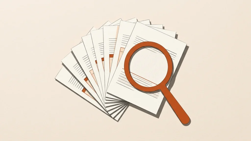 Editorial illustration of document choices and an orange inspection lens.