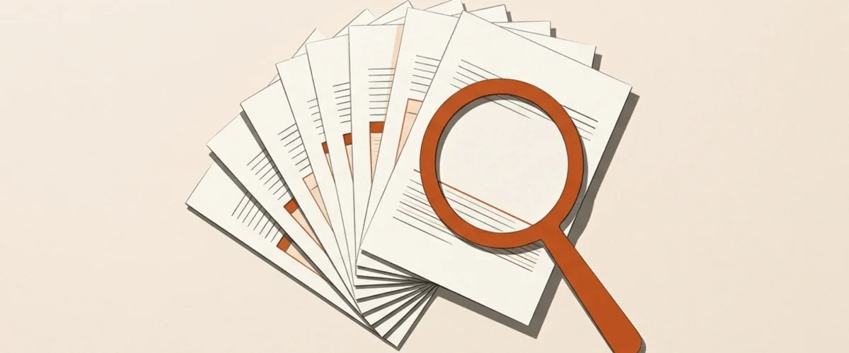 Editorial illustration of document choices and an orange inspection lens.