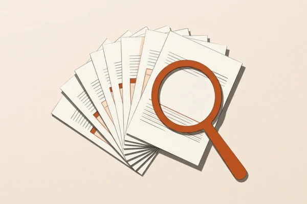 Editorial illustration of document choices and an orange inspection lens.