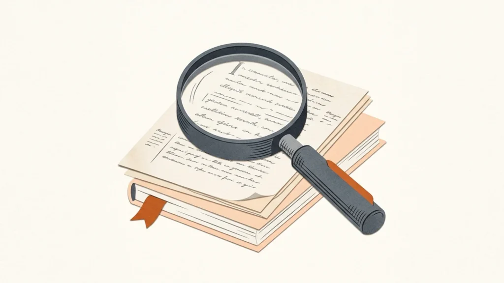 Editorial illustration of a magnifying glass over a document.