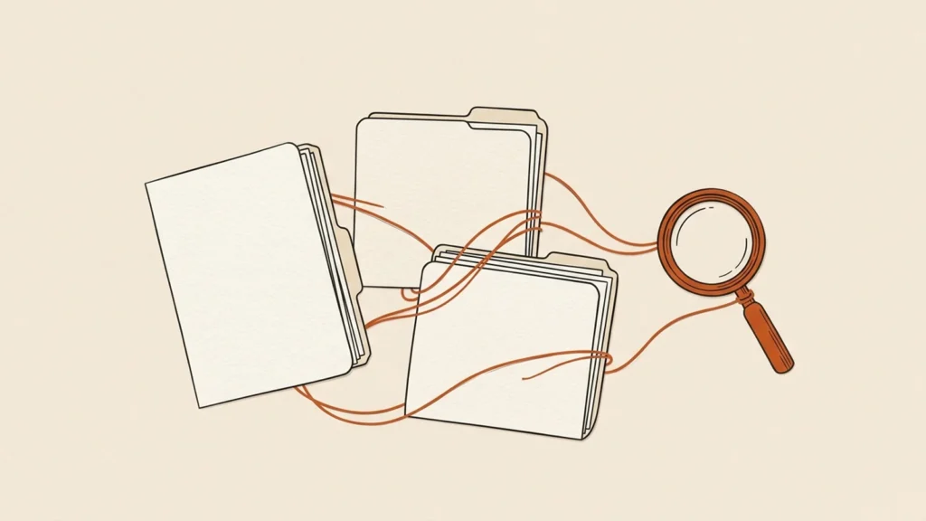 Editorial illustration of course folders connected to a report inspection lens.