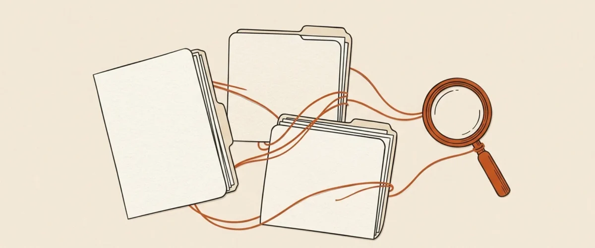 Editorial illustration of course folders connected to a report inspection lens.