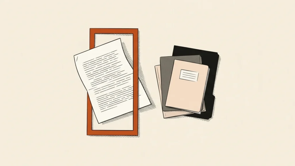 Editorial paper illustration of a manuscript passing through an inspection frame.
