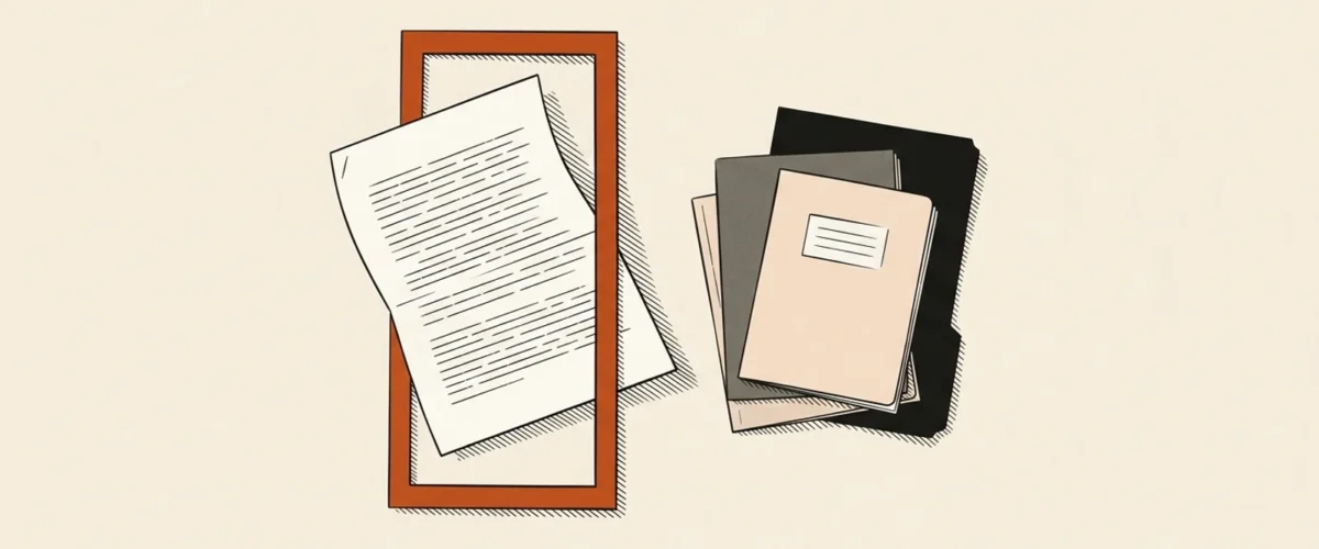Editorial paper illustration of a manuscript passing through an inspection frame.
