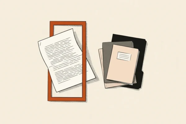 Editorial paper illustration of a manuscript passing through an inspection frame.