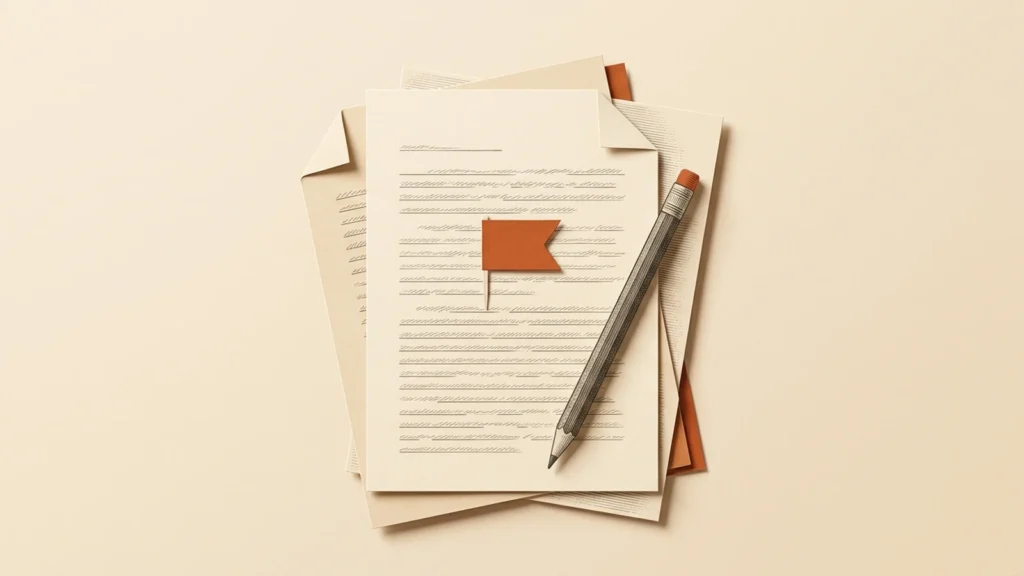 Editorial illustration of a pencil and successive writing drafts.