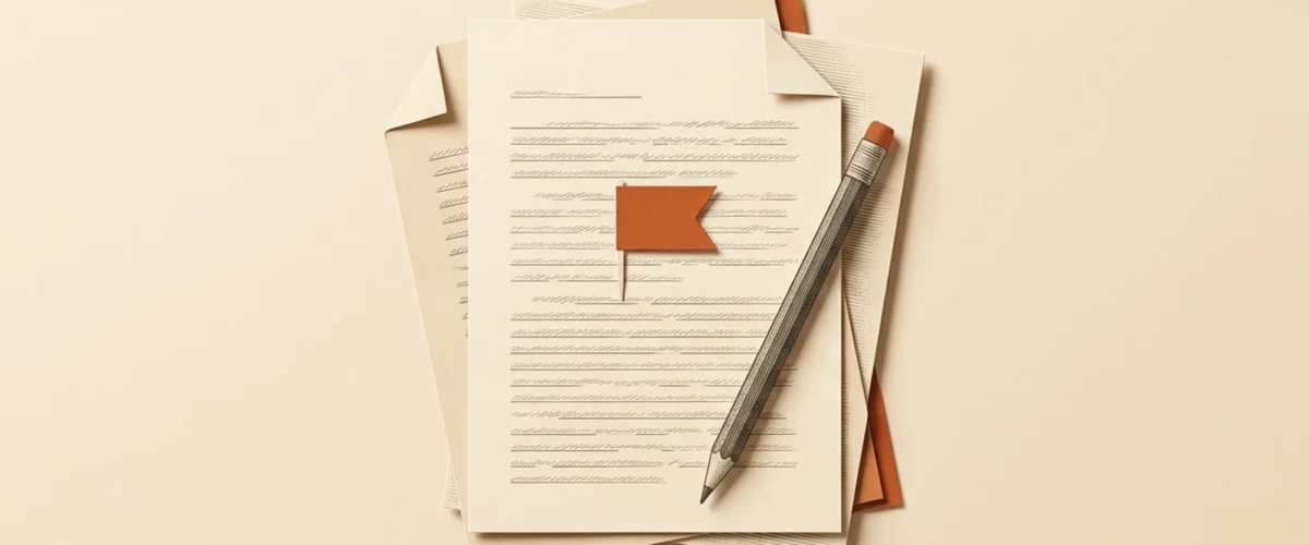 Editorial illustration of a pencil and successive writing drafts.