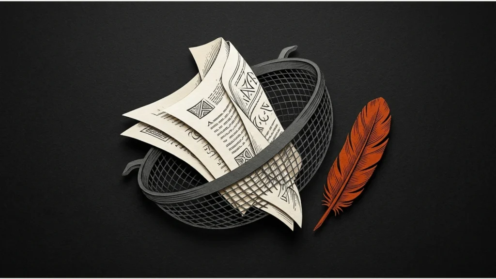 Editorial illustration: A folded ivory manuscript passing through a graphite sieve beside one orange feather