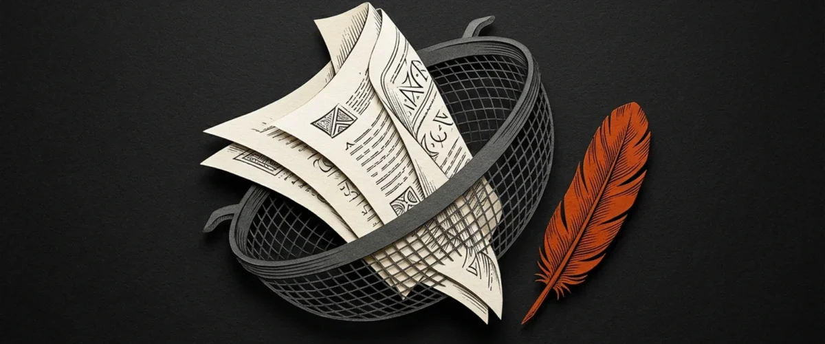 Editorial illustration: A folded ivory manuscript passing through a graphite sieve beside one orange feather