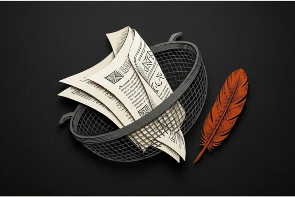 Editorial illustration: A folded ivory manuscript passing through a graphite sieve beside one orange feather