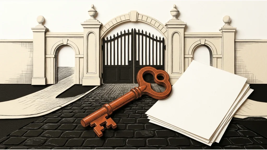 Editorial illustration: An orange key resting outside a closed ivory university gateway beside blank papers