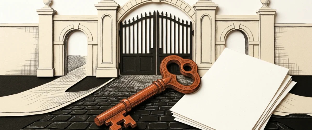 Editorial illustration: An orange key resting outside a closed ivory university gateway beside blank papers