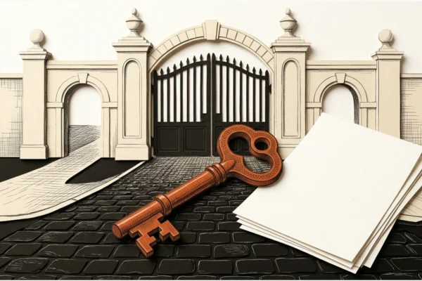 Editorial illustration: An orange key resting outside a closed ivory university gateway beside blank papers