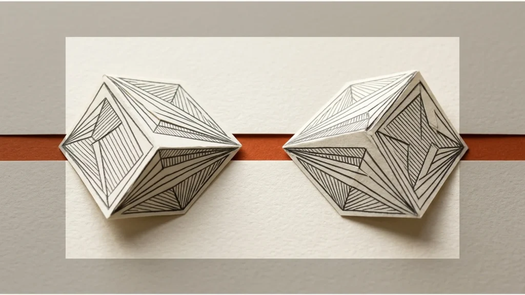 Editorial illustration: Two distinct folded paper prisms facing each other across an orange divider