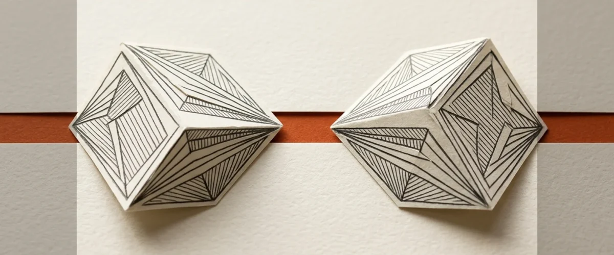 Editorial illustration: Two distinct folded paper prisms facing each other across an orange divider