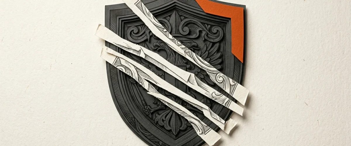 Editorial illustration: A layered graphite shield with offset ivory manuscript strips and orange corner