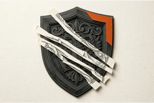 Editorial illustration: A layered graphite shield with offset ivory manuscript strips and orange corner
