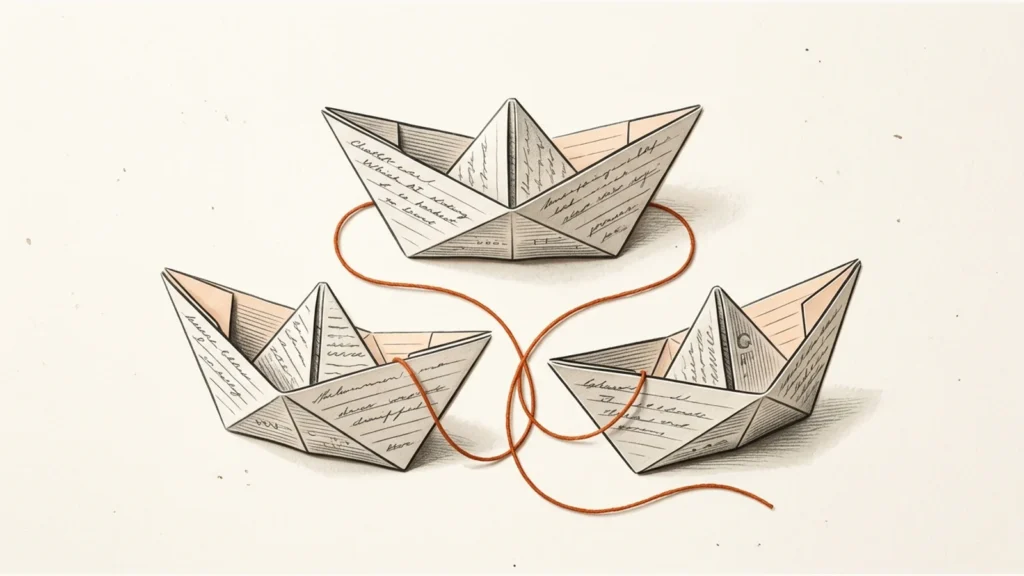 Editorial paper illustration: Three distinct origami vessels made from manuscript paper arranged in a triangular comparison, orange reference thread linking them.
