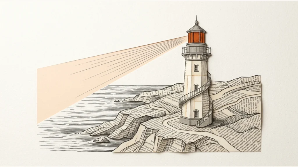 Editorial paper illustration: An old-fashioned paper lighthouse casting a warm narrow beam over a manuscript coastline, graphite engraving and orange lens housing.
