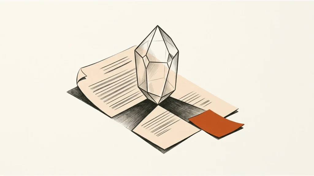 Editorial paper illustration: A faceted translucent crystal splitting one document shadow into two possible interpretations, one orange reference slip.