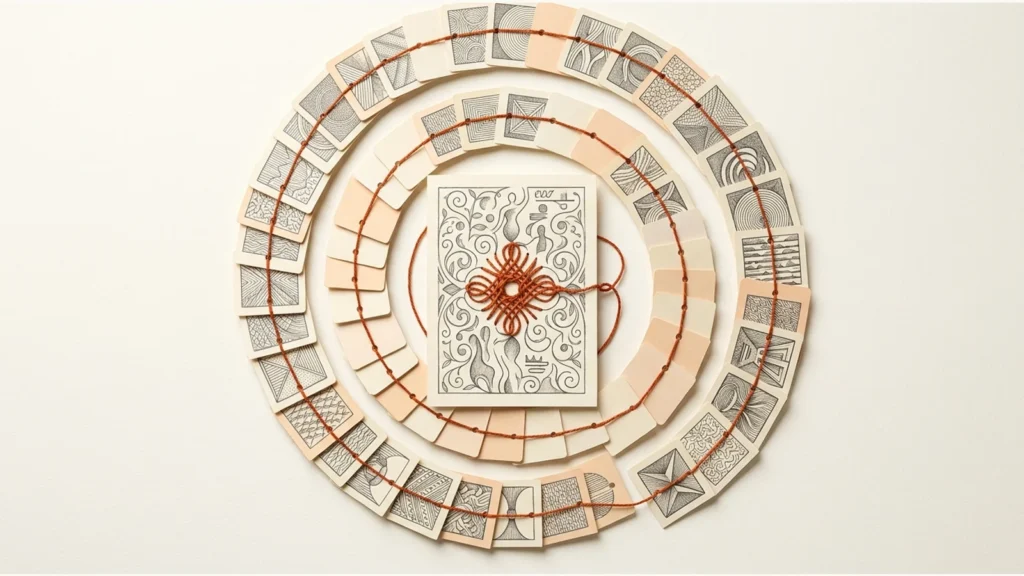 Editorial paper illustration: A spiral of source cards connected by orange thread around one central manuscript, carefully ordered overhead composition.