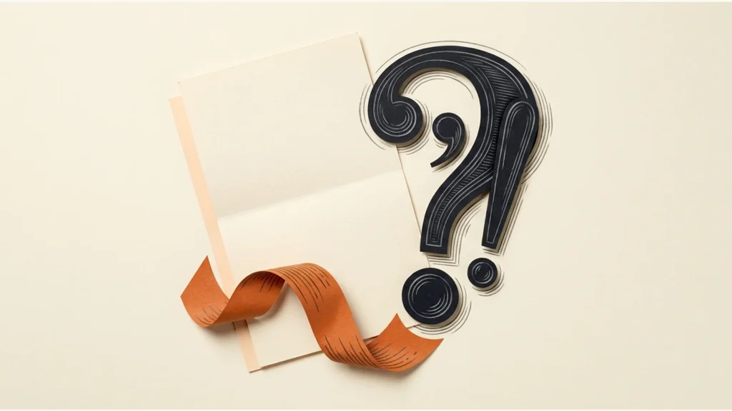 Editorial paper illustration: A large graphite punctuation-shaped editing tool beside a plain document and orange correction ribbon.