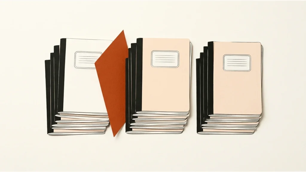 Editorial paper illustration: An empty teacher's desk in overhead miniature, class-set notebooks organized into three distinct stacks with one orange divider.