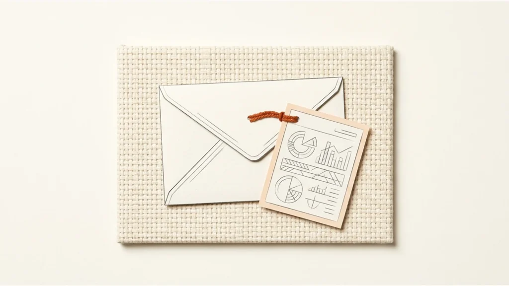 Editorial paper illustration: A woven cream canvas surface holding an assignment envelope and a detachable report tile, orange attachment stitch.