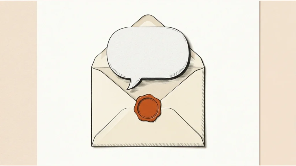 Editorial paper illustration: A paper speech bubble tucked partly inside a school submission envelope, an orange seal left open.