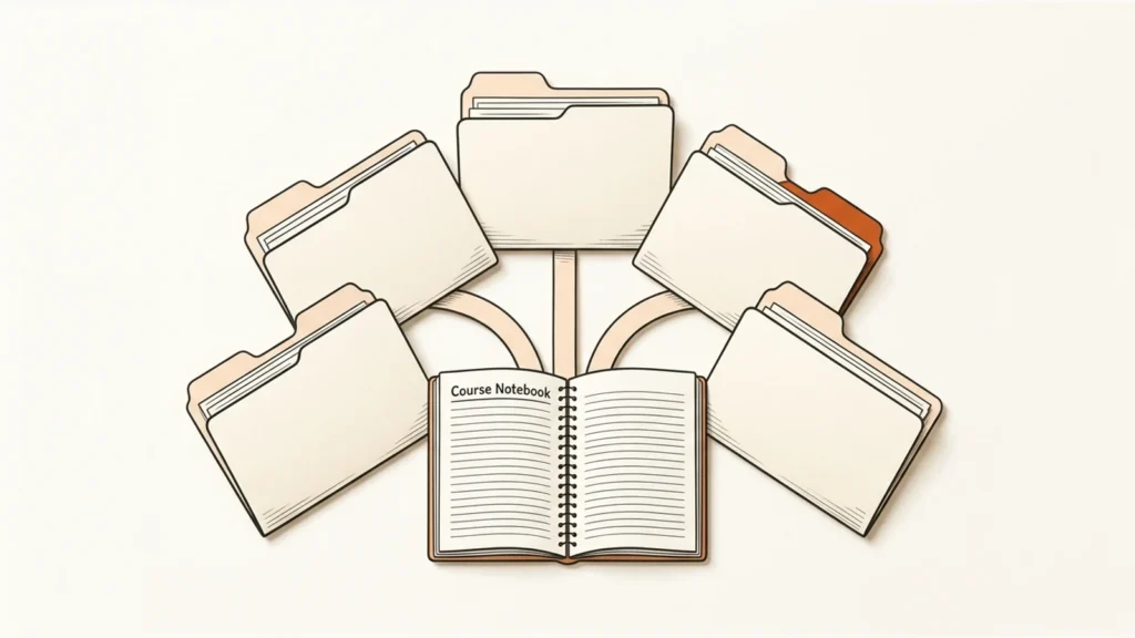Editorial paper illustration: Five different cream folders arranged like a branching fan around an open course notebook, one orange route tab.