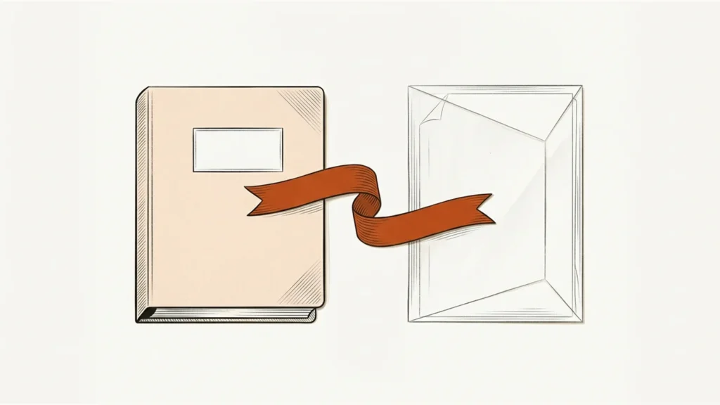 Editorial paper illustration: An institutional course binder on the left and a translucent geometric document sleeve on the right, connected by an orange review ribbon.
