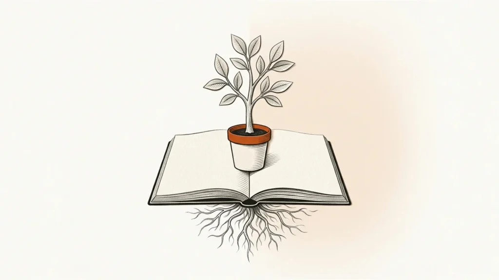 Editorial paper illustration: A tiny paper sapling growing out of an open notebook, graphite roots visible as linework beneath, orange pot rim.