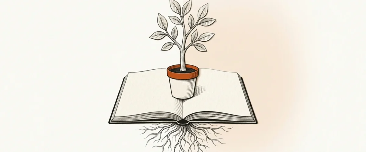 Editorial paper illustration: A tiny paper sapling growing out of an open notebook, graphite roots visible as linework beneath, orange pot rim.