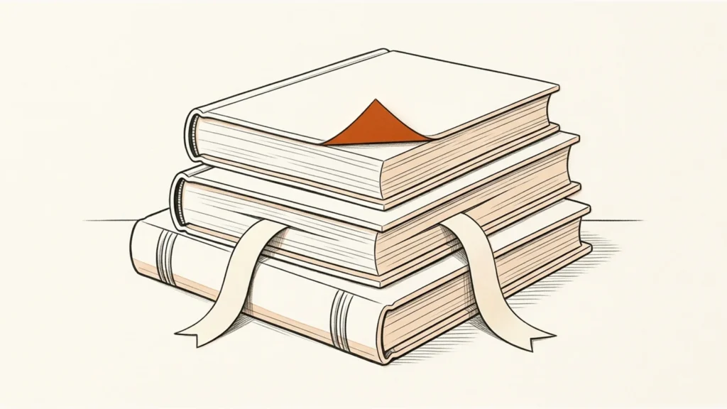 Editorial paper illustration: A stack of three source books with a cream proofreading ribbon running between pages, a single orange folded corner.