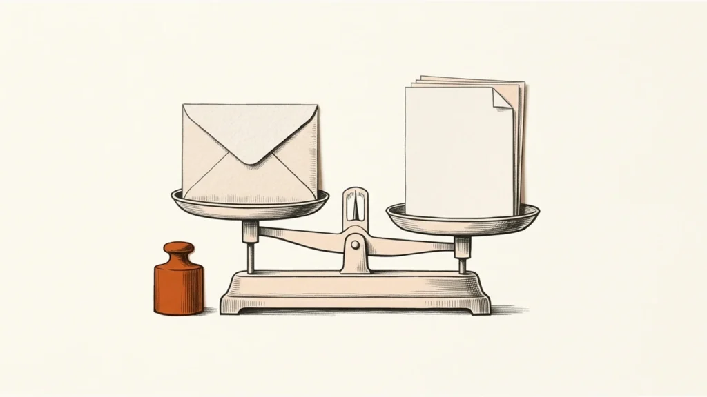 Editorial paper illustration: A delicate balance holding an assignment envelope on one pan and a blank reference folio on the other, one orange weight.