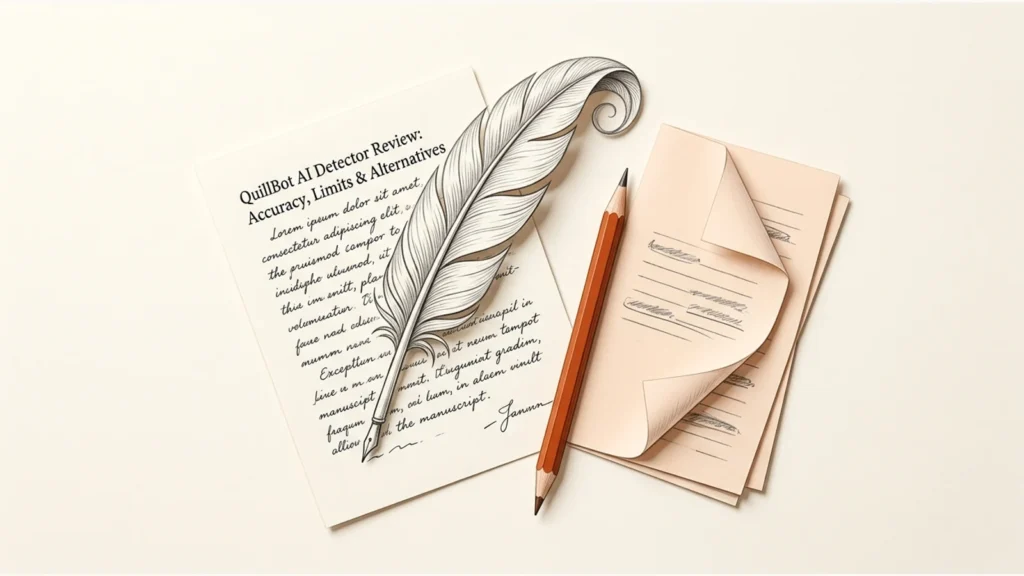 Editorial paper illustration: A curled paper feather over a manuscript, an orange editing pencil beside two carefully folded revision sheets.