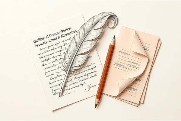 Editorial paper illustration: A curled paper feather over a manuscript, an orange editing pencil beside two carefully folded revision sheets.