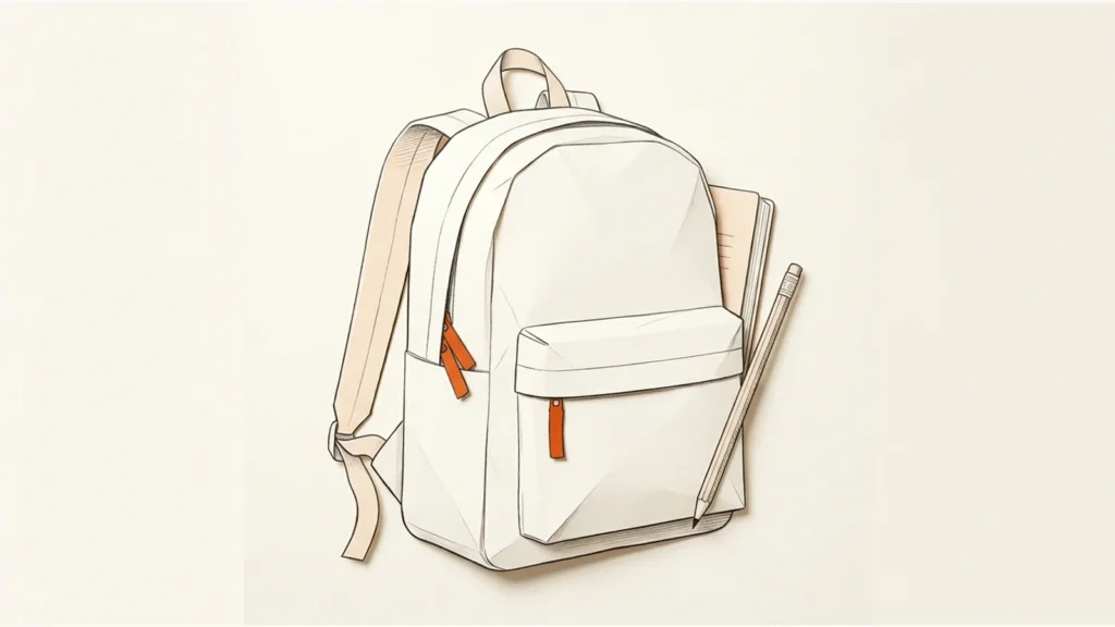Editorial paper illustration: A student backpack rendered as folded paper with a notebook and a pencil tucked beside it, orange zipper tab.