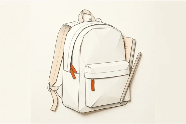 Editorial paper illustration: A student backpack rendered as folded paper with a notebook and a pencil tucked beside it, orange zipper tab.