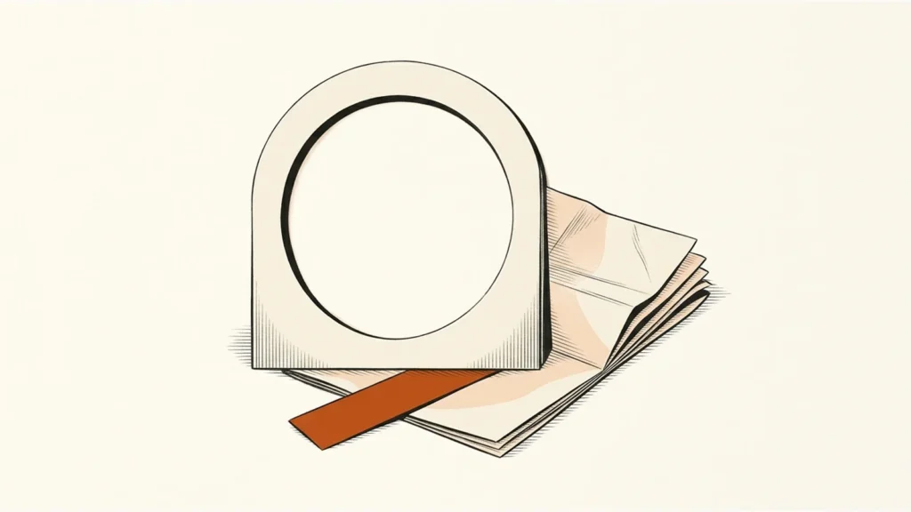 Editorial paper illustration: A large empty cream circular aperture standing upright beside a folded document and orange paper strip.