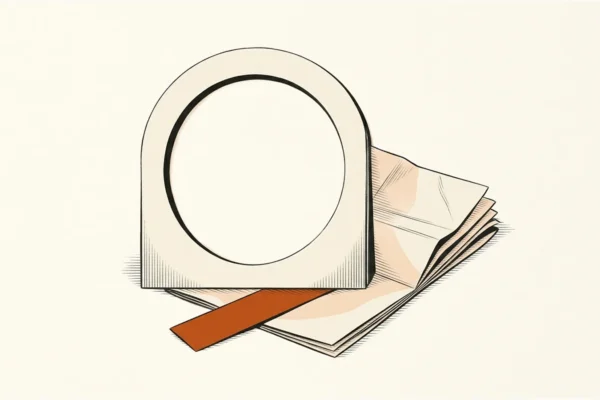 Editorial paper illustration: A large empty cream circular aperture standing upright beside a folded document and orange paper strip.