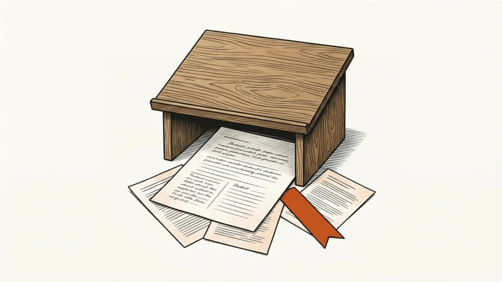 Editorial paper illustration: A teacher's empty wooden lectern with a student draft and three source reference slips fanned beneath, one orange bookmark.