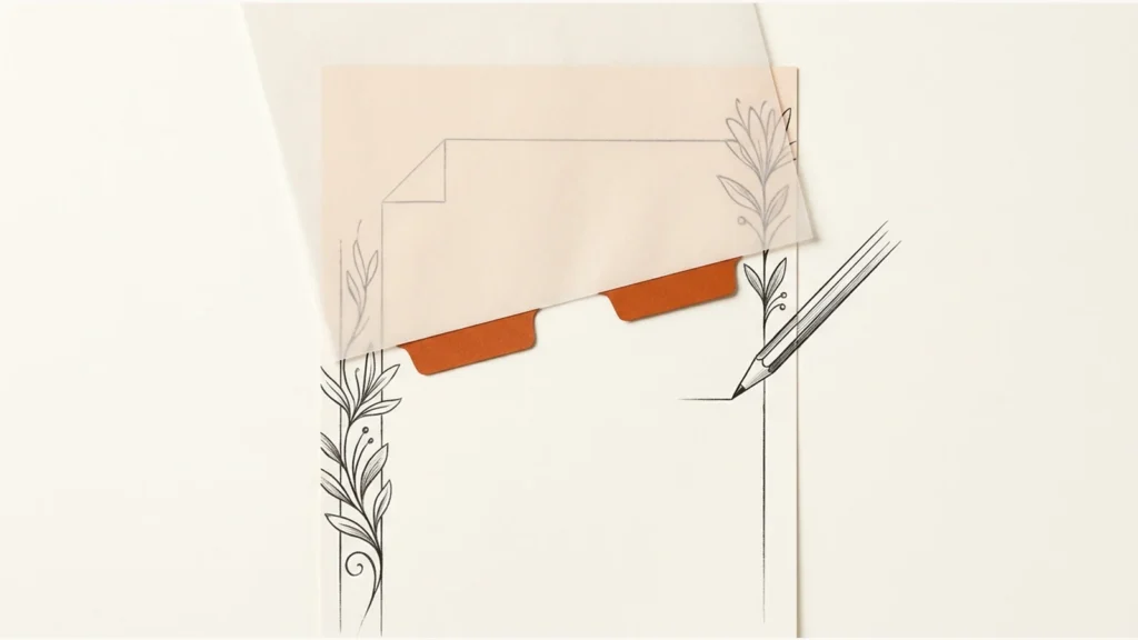 Editorial paper illustration: A plain document sheet beneath a transparent vellum layer, two orange revision tabs and a pencil margin.