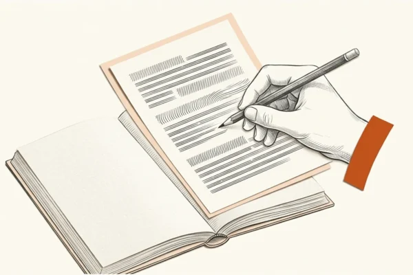 Editorial paper illustration: A human graphite pencil tracing three revisions of a paper page, a plain source book opened in the foreground.