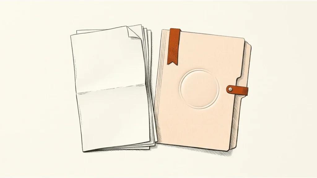 Editorial paper illustration: A folded original manuscript beside an institutional assignment folder stamped only with a blank embossed circle, not text.