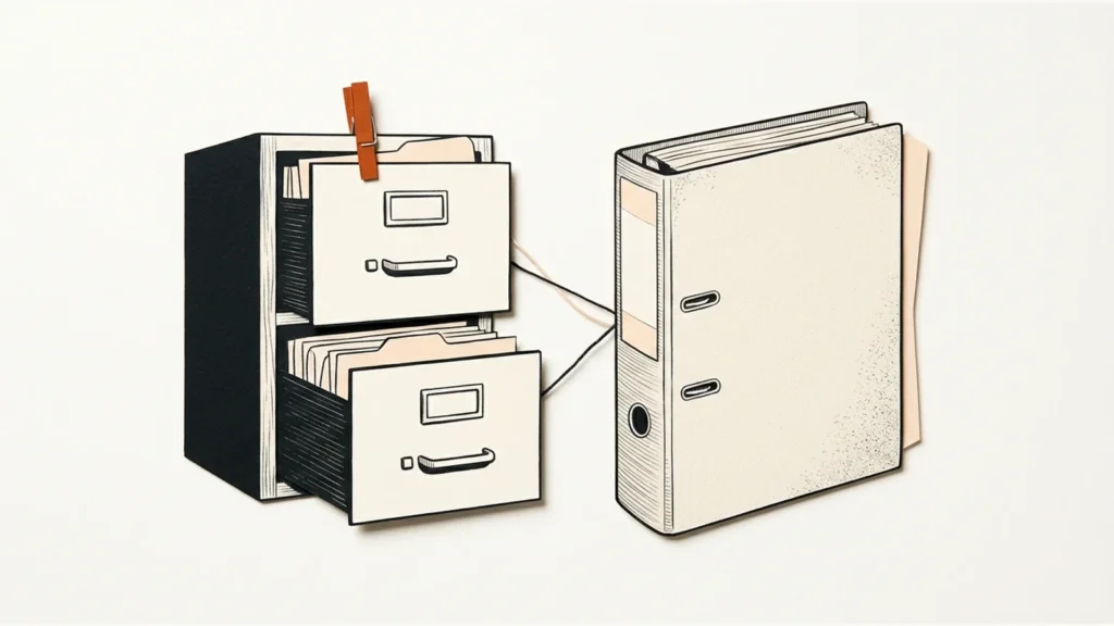 Editorial paper illustration: Two archive drawers connected to a course binder by distinct thin threads.